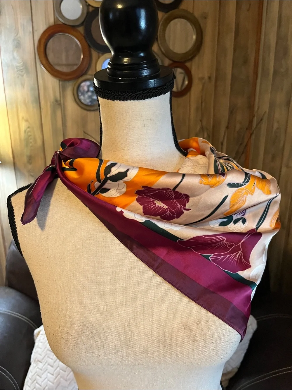 Satiny Scarf 27x 27 E1-Orange Purple Hundred Flowers Feminine Classic Floral